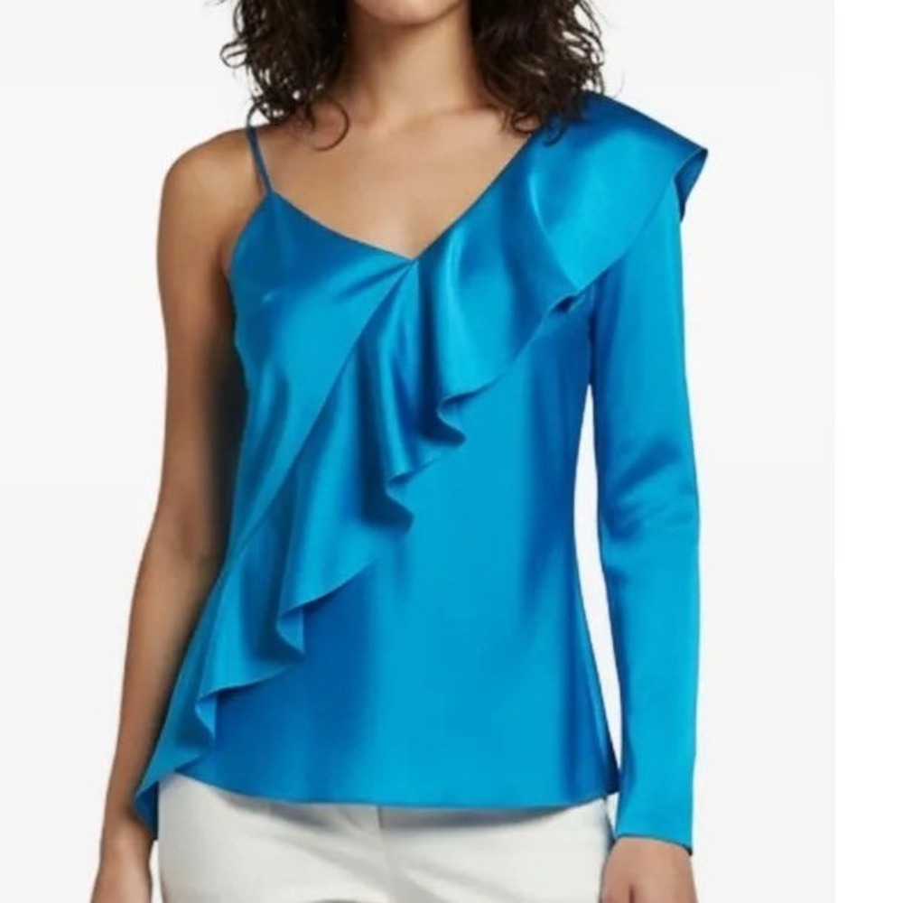 Diane von Furstenberg DVF Teal Satin One Shoulder Ruffle Asymmetric Top 8